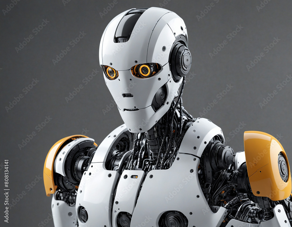 robot cyborg ai with white body and black and orange accents, artificial intelligence bot robot cyborg ai with white body and black and orange accents, artificial intelligence bot