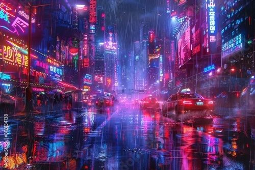 Cyberpunk Futurism, Cyberpunk-inspired neon cityscape, Neon red, blue, and purple, Reflective cyberpunk surfaces, Glowing neon signs and holographic ads, Glitch art and pixel distortion © DarkinStudio
