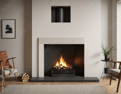Fireplace in a modern white home with fire blazing and wooden chairs