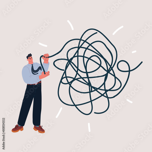 Cartoon vector illustration of Unravel business chaos process with tangle difficult problem mess business concept. Chaos to order, complex to simple metaphor with person trying solve mess cable