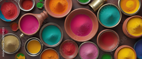  Vibrant Holi festival colors in traditional clay pots, perfect for Indian cultural celebrations and creative decorations 