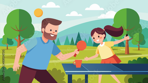 A father and daughter bond over a game of ping pong in the park their laughter and friendly competition filling the air as they enjoy a beautiful day. Vector illustration