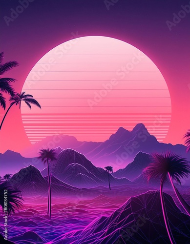 Synthwave retro cyberpunk style landscape background banner or wallpaper. Bright neon pink and purple colors 