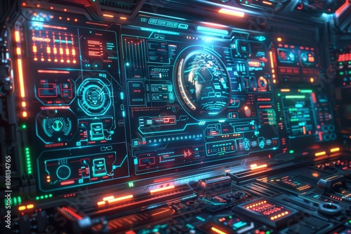 Futuristic HUD, Futuristic heads-up display design, Electric blue, green, and red, Shiny metallic HUD elements, Glowing data streams and interface elements, Digital overlays and AR effects