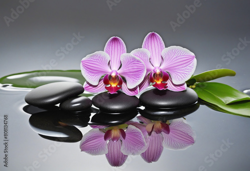  Peaceful spa atmosphere with beautiful orchids and balancing stones on tranquil water 