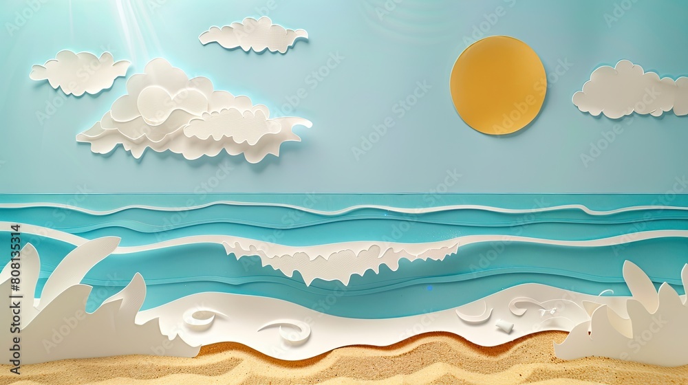 Papercut scene of a sunny beach where the sand is depicted as vanishing, symbolizing sea level rise due to global warming. Papercut scene of a sunny beach where the sand is depicted as vanishing, symbolizing sea level rise due to global warming.