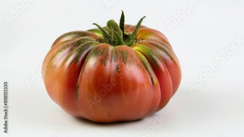 Single heirloom tomato with unique ridges and color variations, standing out sharply against a clean, white background