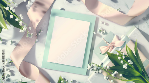 An elegant mock-up featuring a blank greeting card surrounded by a lush bouquet of lily of the valley flowers  photo