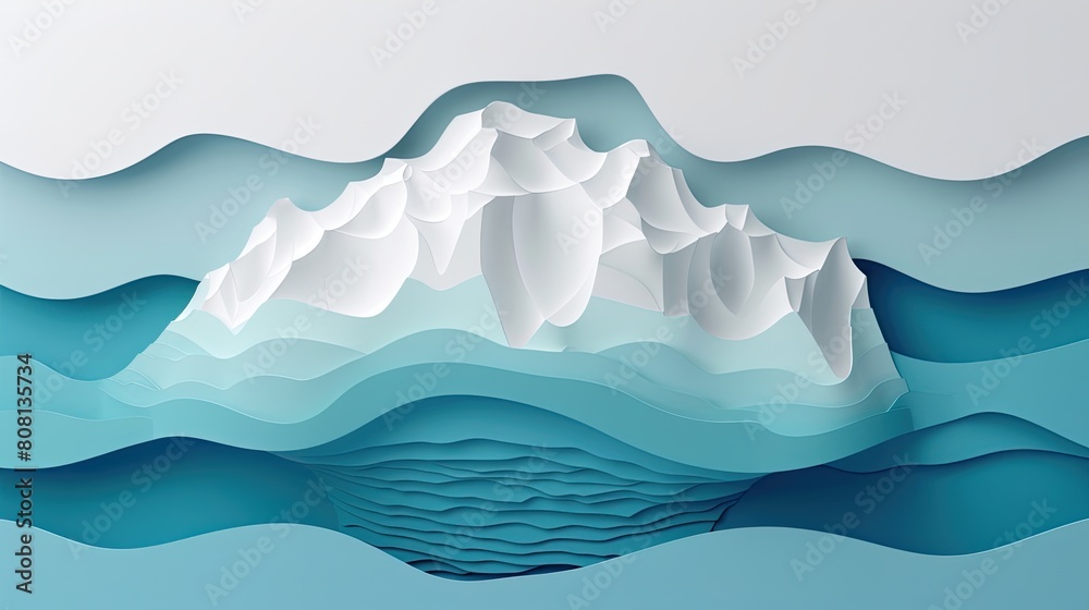 Papercut visualization of a melting glacier pouring into the sea, with rising blue levels around a paper iceberg.