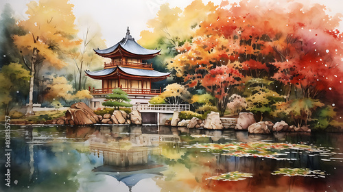 Paint a watercolor background of a serene Buddhist temple surrounded by autumn foliage  capturing a moment of peace and reflection