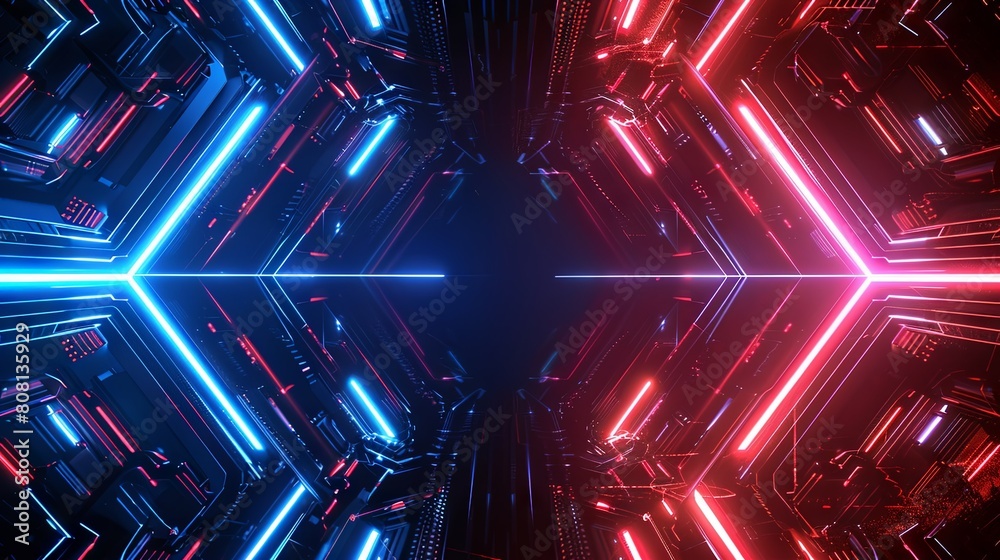 Abstract futuristic digital background, glowing blue and red lines forming simple pattern, two symmetrical hexagonal structures with glowing edges, cyberpunk style, high-tech aesthetic Abstract futuristic digital background, glowing blue and red lines forming simple pattern, two symmetrical hexagonal structures with glowing edges, cyberpunk style, high-tech aesthetic