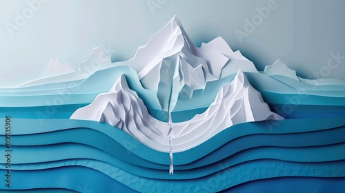 Papercut visualization of a melting glacier pouring into the sea  with rising blue levels around a paper iceberg.