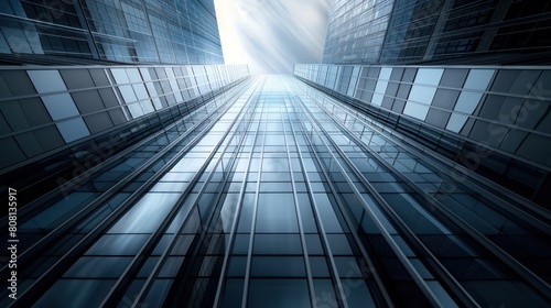 This architectural photograph showcases a low angle view of the sky as seen through the geometric lines of towering skyscrapers