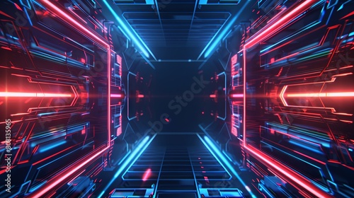 Abstract futuristic digital background, glowing blue and red lines forming simple pattern, two symmetrical hexagonal structures with glowing edges, cyberpunk style, high-tech aesthetic