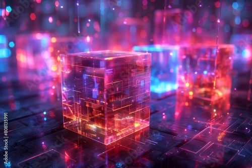 Holographic Matrix  Matrix of holographic data cubes and spheres  Iridescent holographic colors  Chrome holographic surfaces  Glowing holographic data streams
