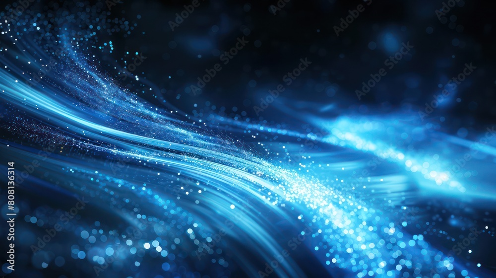 A visually stunning digital art piece featuring a wave of blue particles creating a sense of flow