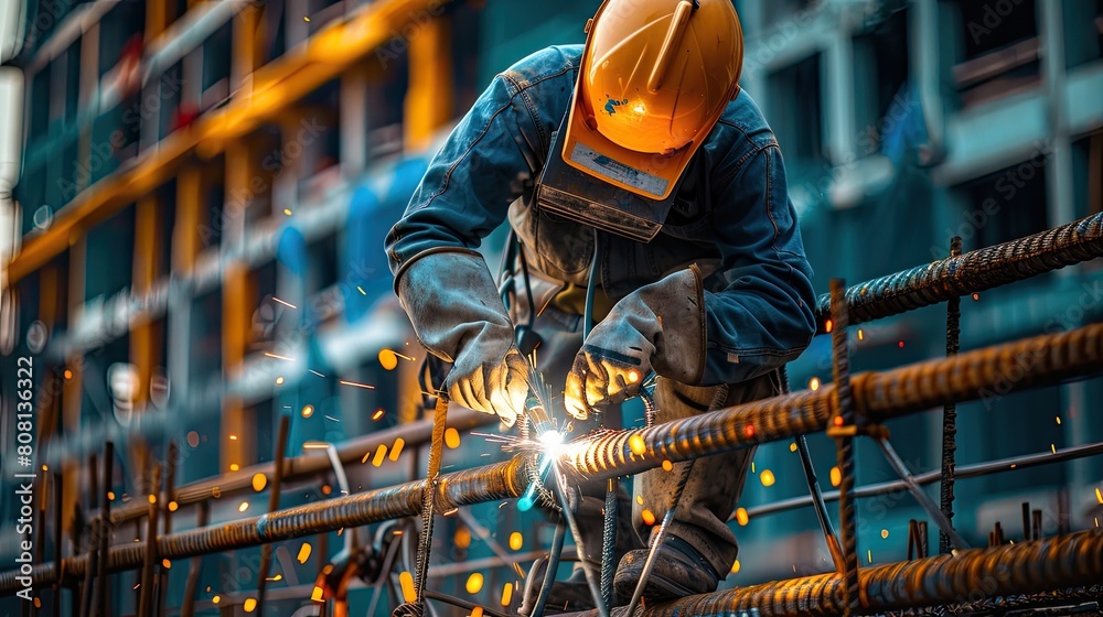 Close-up of a construction welder applying flux-cored arc welding on a high-rise building framework at dusk