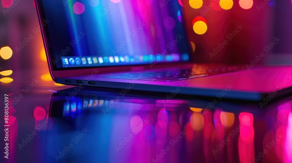 Bokeh effect with a laptop emitting blue and pink lights on a reflective surface, illustrating technology and connectivity