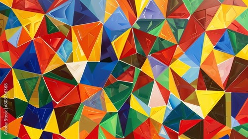 A network of triangles in bold primary colors, interlaced to form a striking, kaleidoscopic pattern