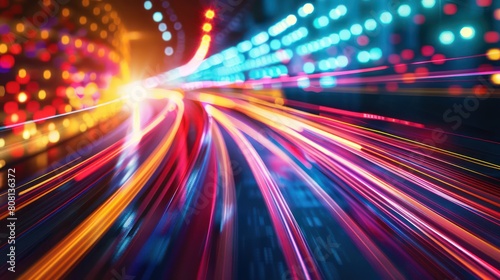 Long exposure of vibrant light trails created by vehicles on a busy road  showcasing speed and motion