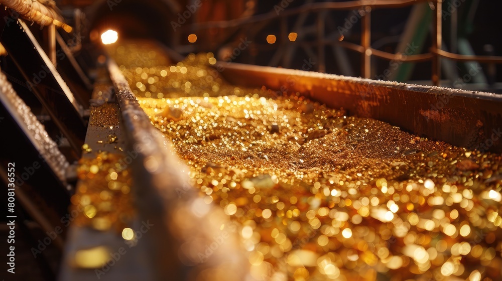 A conveyor belt is filled with gold coins A conveyor belt is filled with gold coins