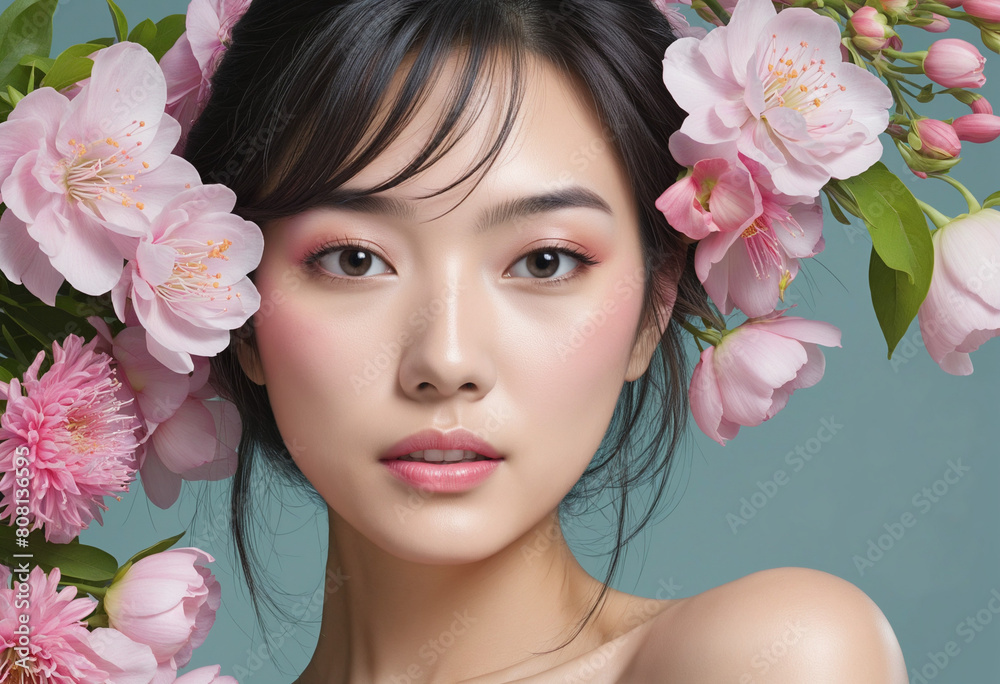 Elegant Asian woman surrounded by blooming flowers embodies the concept of beauty, health, and vitality in a creative and artistic collage 