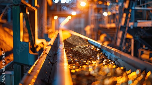A conveyor belt is filled with gold coins