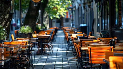 Al Fresco Dining at a Row of European Cafes with Neatly Arranged Tables. Concept Al Fresco Dining, European Cafes, Neatly Arranged Tables, Dining Experience, Outdoor Seating photo