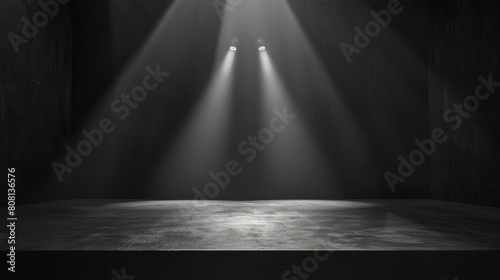 Theatrical stage illuminated by spotlights photo
