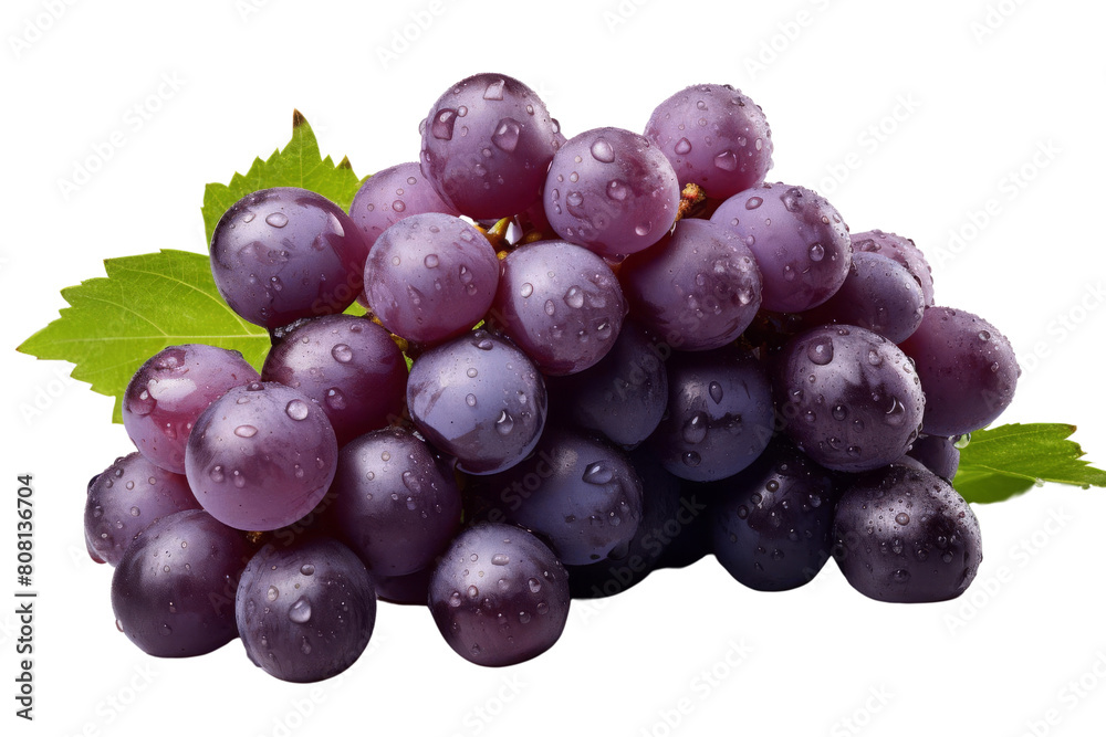 A close-up image of a bunch of ripe purple grapes with water droplets on the surface