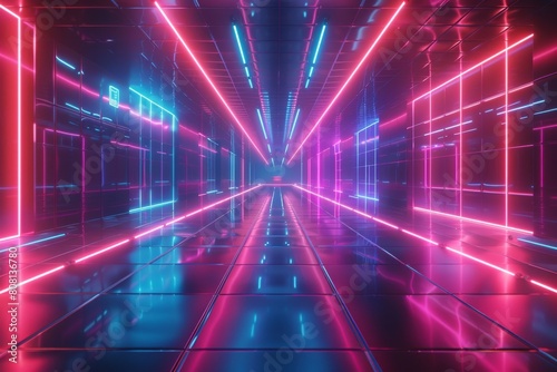 Neon City Lights  Neon geometric buildings and glowing signs  Neon pink  blue  and green  Sharp lines and neon trails  Smooth surfaces and reflective materials  Vibrant neon lights
