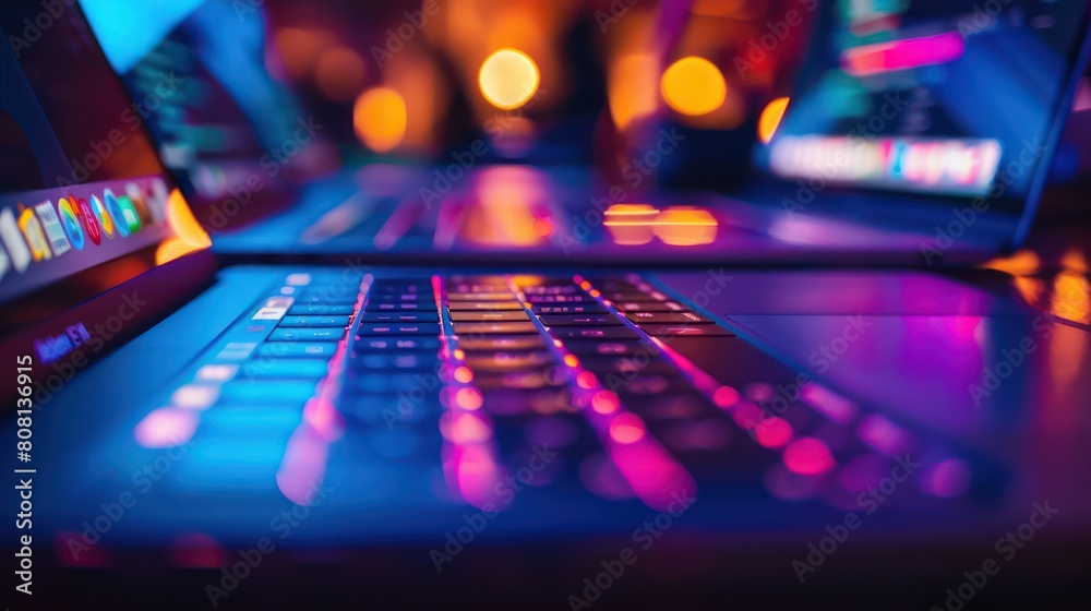 Vibrant close-up shot of a backlit keyboard emphasizing technology in our daily lives
