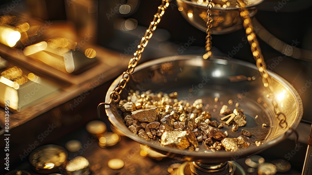 Close-up of a gold assay office weighing and valuing raw gold, scales and gold bars visible. Close-up of a gold assay office weighing and valuing raw gold, scales and gold bars visible.