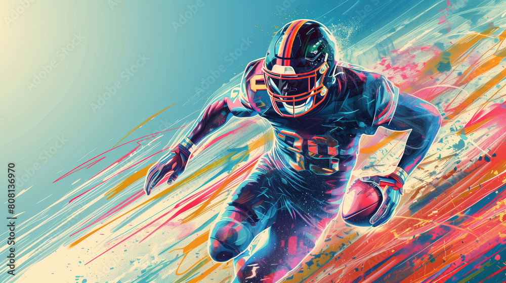 vibrant colourful illustration of american football player running with ball, sport athlete run poster, competition and action concept