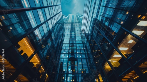 Majestic perspective of a modern glass office building at night  towering into the dark sky