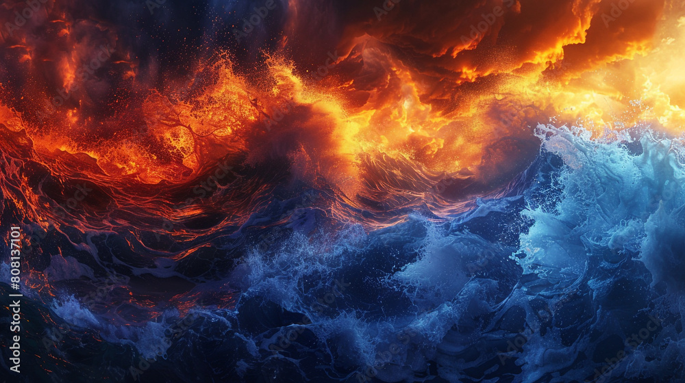 A dramatic visual of deep blue and fiery orange waves colliding, their intense interaction reminiscent of a dramatic sunset over the sea.