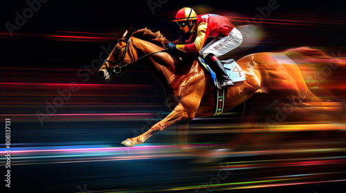 stylish illustration of fast horseman rider and horse at race on black background, equine sport and speed concept, blurred motion photo