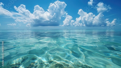 The calm sea surface undulated gently under the azure sky.ripple on the clear sea mirrored the serene sky