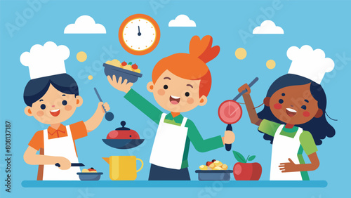 Children competing in a virtual cooking challenge racing against the clock to prepare dishes that look and taste amazing.. Vector illustration