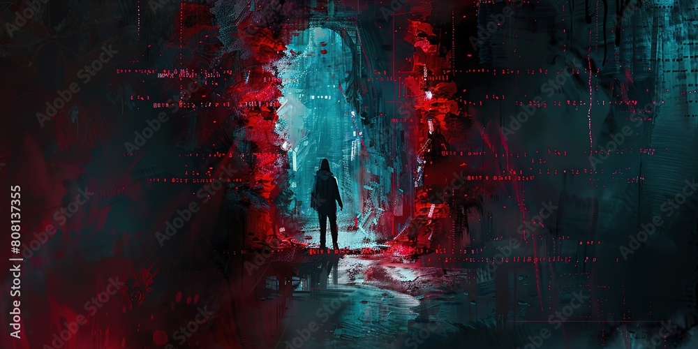 Obraz premium a man with messy wall with graffiti scripture and stone entrance, mysterious and horror feeling atmosphere background, dark fantasy illustration , Generative Ai