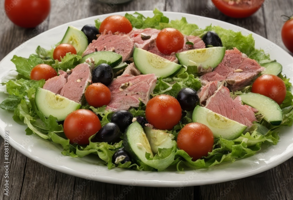 summer seasonal salads with tomato, lettuce, olives, tuna