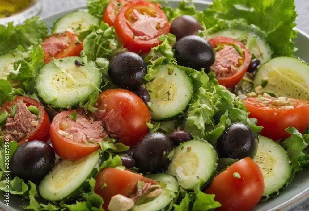 summer seasonal salads with tomato, lettuce, olives, tuna summer seasonal salads with tomato, lettuce, olives, tuna