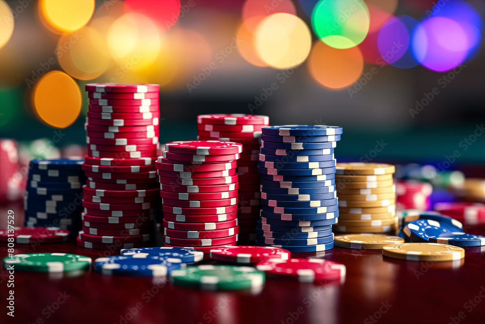 Casino chips on a table with colorful bokeh background. Casino chips on a table with colorful bokeh background.