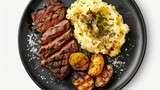 A plate of steak, potatoes, and mashed potatoes.