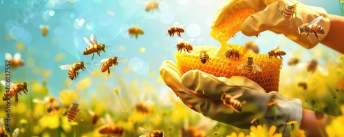 Honey bee on the honeycomb or flying home. Beekeeper or apiculture and care about bees.