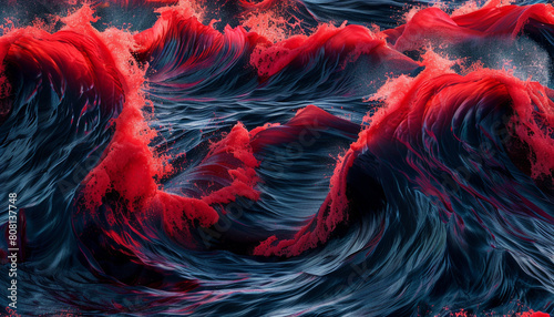 A dynamic and vibrant interplay of scarlet red and navy blue waves, swirling together in a forceful dance that captures the drama of an ocean storm. © ARAHI Production