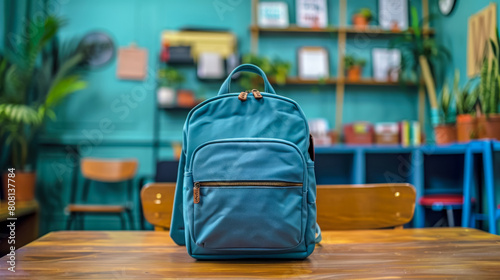 Back to School: Vibrant Blue Backpack Awaits Adventure in the Classroom. Bright blue backpack sits on a table, its colors popping against the soft blur of a classroom awaiting students.
