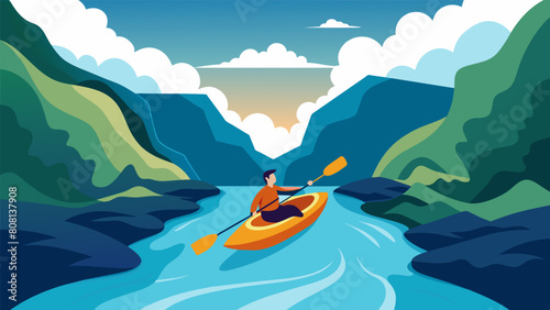 A sense of wild freedom fills the kayakers mind as they leave the safety of still waters and brave the rapid descent.. Vector illustration photo