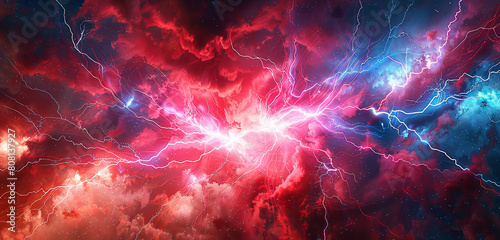 American abstract colors dazzled by vivid red and azure bolt strikes.