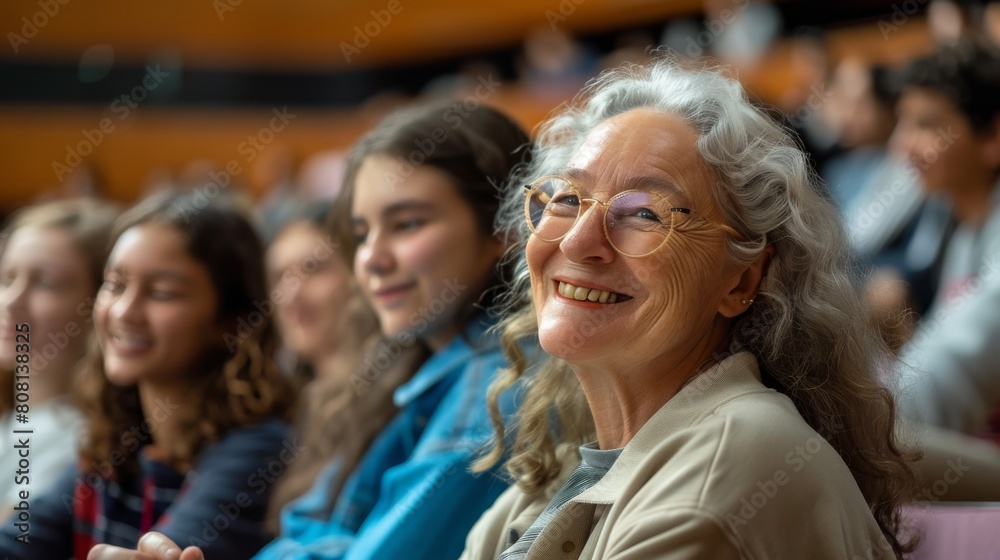 Obraz premium Happy senior woman is sitting at a lecture in class with young students. Continuous learning, Improvement concept. Generative ai.